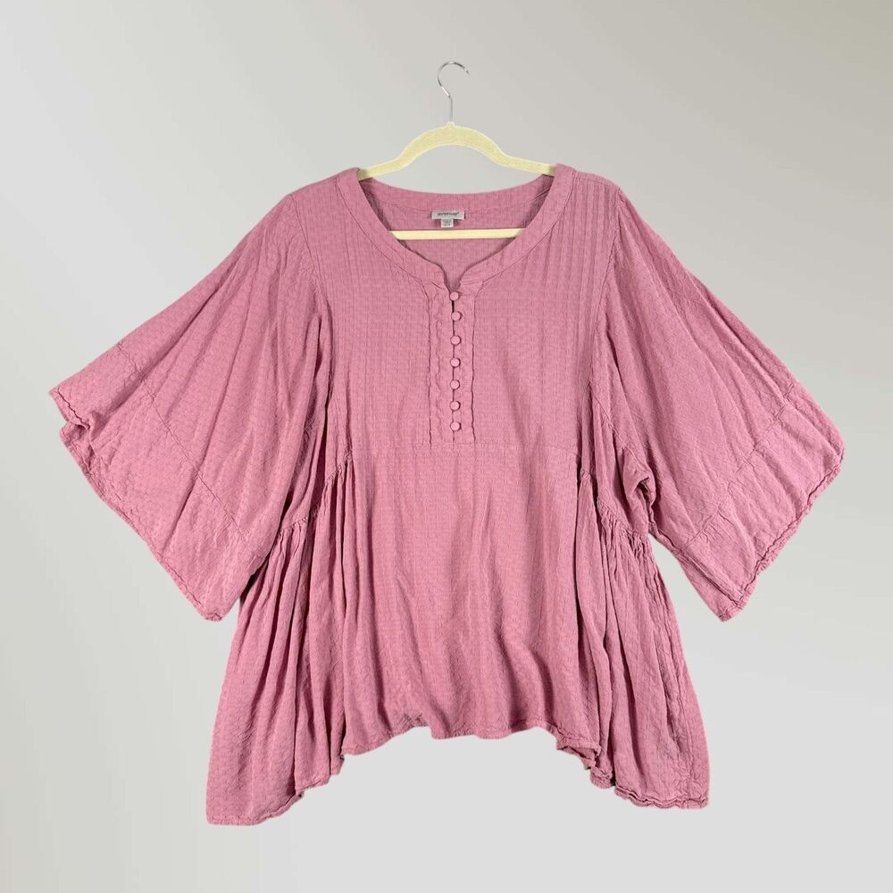 Avenue Women's Tunic Dobby Popover Blouse Pink Bell Sleeve Boho Cottage Sz 22/24